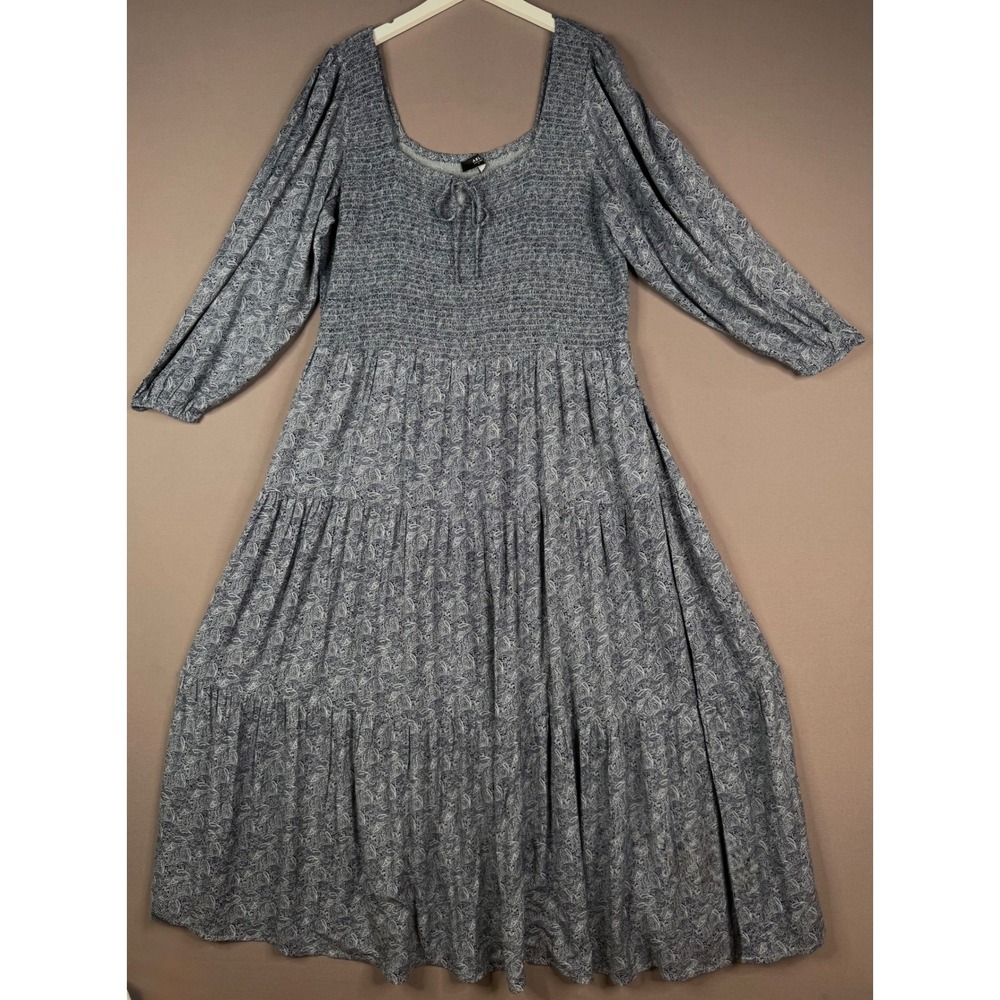 ABLE Joyce Smocked Maxi Dress Womens 2X Blue Midnight Paisley Tiered Boho - Picture 2 of 11